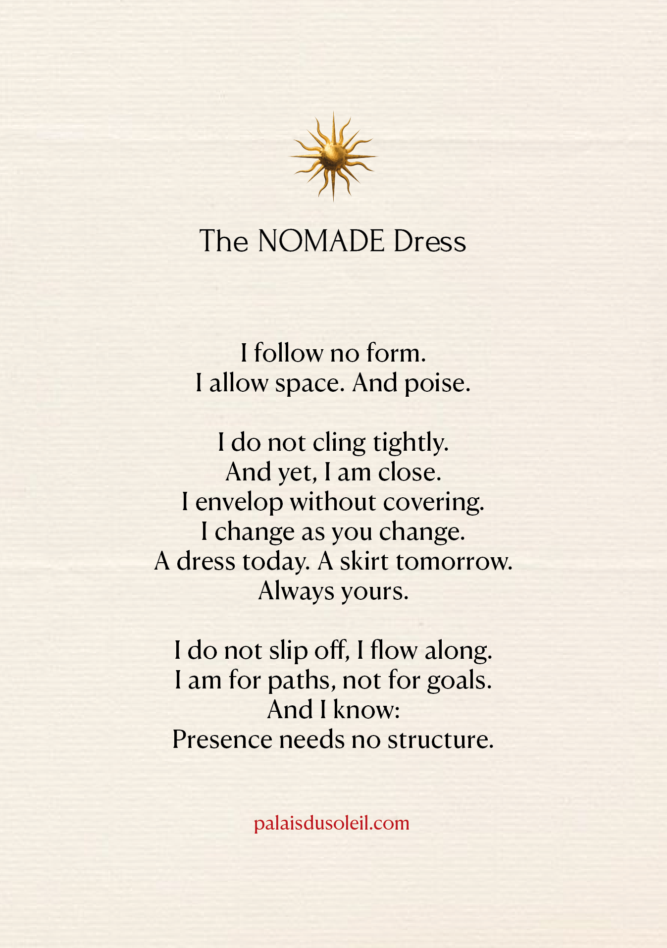 Poetischer Text zum Nomade Dress von PALAIS du SOLEIL – über Haltung, Ruhe und minimalistische Stärke – Teil der Kollektion The New Luxury