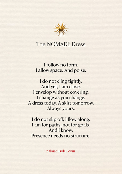 Poetischer Text zum Nomade Dress von PALAIS du SOLEIL – über Haltung, Ruhe und minimalistische Stärke – Teil der Kollektion The New Luxury
